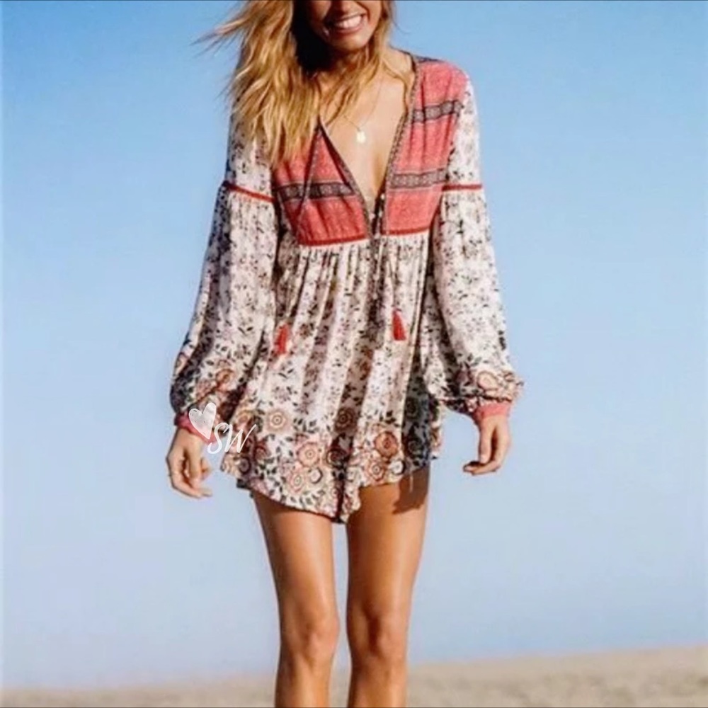 Boho Floral Vintage Gypsy Print 70’s Dress Red - Picture 11 of 13